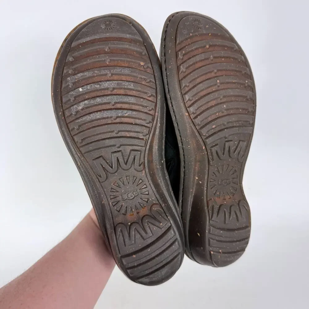 UGG Anila Slip-On Clogs Women's 7 Black Full-Grain Leather Hand-Woven Braid